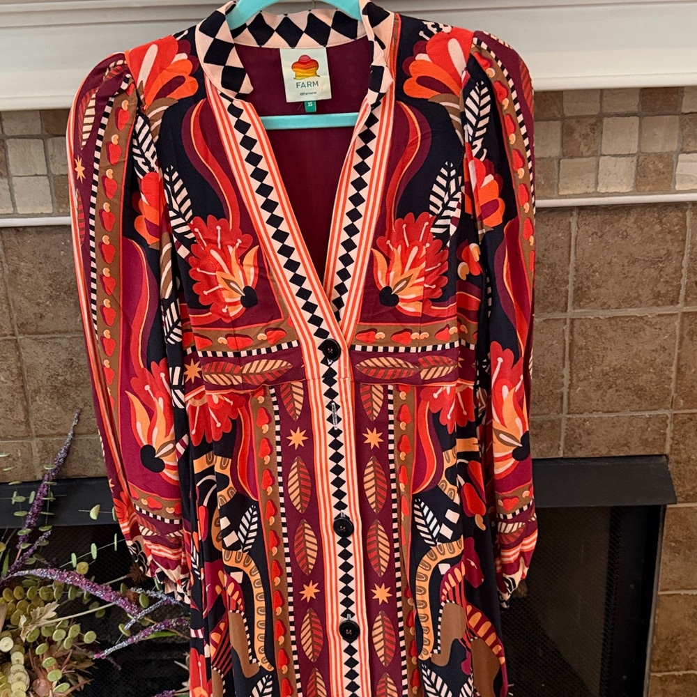 Farm Rio Red Nature Beauty Scarf Long Sleeve Maxi Dress - Picture 2 of 8